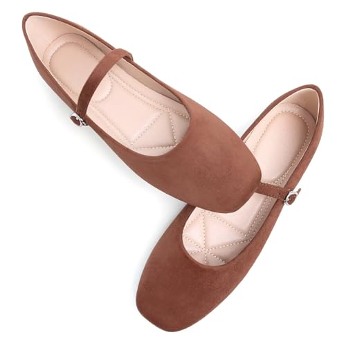 Image of TN TANGNEST Leather Flats for Women Retro Mary Jane Flats | Comfortable Square Toe Slip On Flats with Buckle Strap, Soft Work Flats Office Shoes