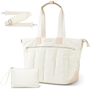 Tote Bag with Women, Puffer Tote Bag with Laptop Compartment, Laptop Tote Bag for Women with Zipper, Large Tote Bag Purse Shoulder Bag for Travel Work Gym Overnights Weekend Trips, Beige