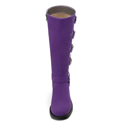 Women's Knee High Boots, Round Toe Riding Boots, Side Zipper Low Chunky Heel Knee-high Booties, Fashion Ankle Strap Buckle Knee High Boot for Women3