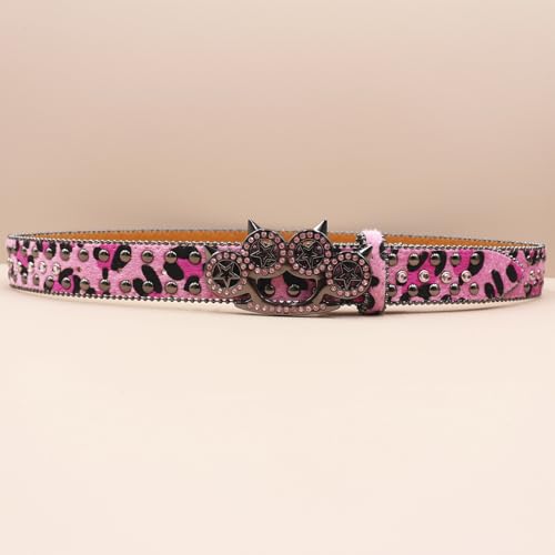 Women Leopard Print Pattern Western Belt Strap for Women Men,Shining Cat's Claw Hollow Rhinestones Studded Buckle(125cm/49, Pink)4
