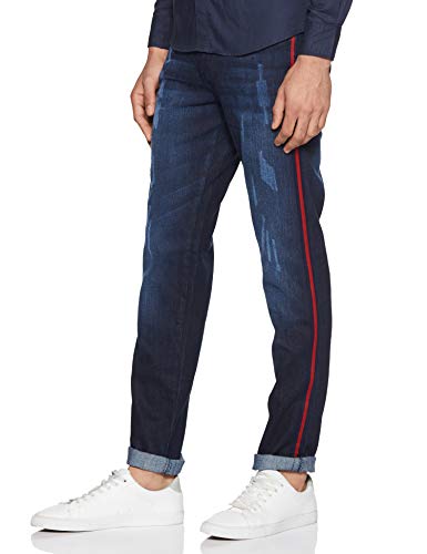 Image of CAHOOT Men's Classic Blue Dark-Washed Distressed Side Striped Regular Fit Denim Jeans | Mid-Rise Stretchable Cotton Denim Jeans Crafted with Comfort Fit & High Performance for Everyday Wear