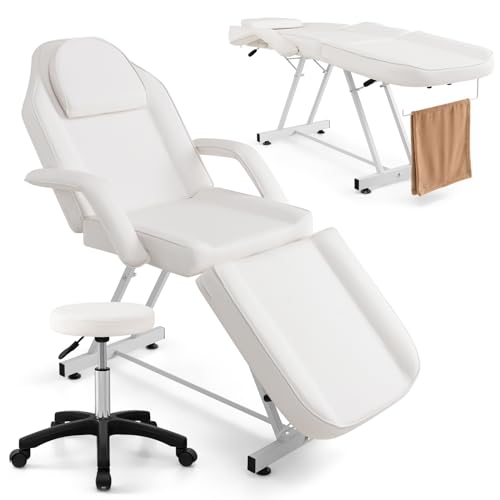 Giantex 73" Facial Chair with Hydraulic Stool, Tattoo Chair with with Adjustable Backrest & Legrest, Removable Headrest, Detachable Armrests & Towel Rack, 3-Section Massage Esthetician Chair (White)