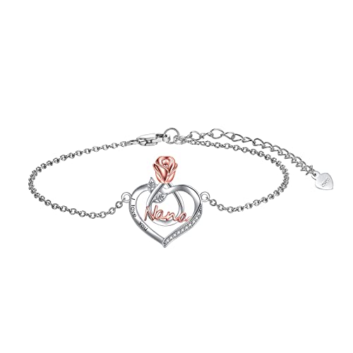 Popkimi Nana Bracelet Nana Jewelry Mother's Day Gifts For Nana Grandma Grandmother 925 Sterling Silver I Love You Nana Bracelet Birthday Jewelry Rose Flower Love Heart Bracelet For Women (Nana Bracelet) #TOP20