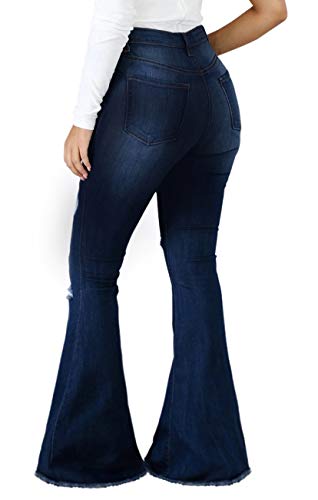 SeNight Women Bell Bottom Jeans Elastic Waist Ripped Flared Jean Destroyed Raw Hem Denim Pants2