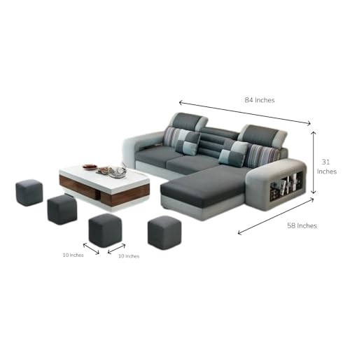 Image of Travis Modern 8 Seater L Shape Sofa Set for Living Room Green & Light Grey RHS | 4 Ottoman with L Shape Sofa | Fabric Sofa 8 Seater for Office Festival Gifts