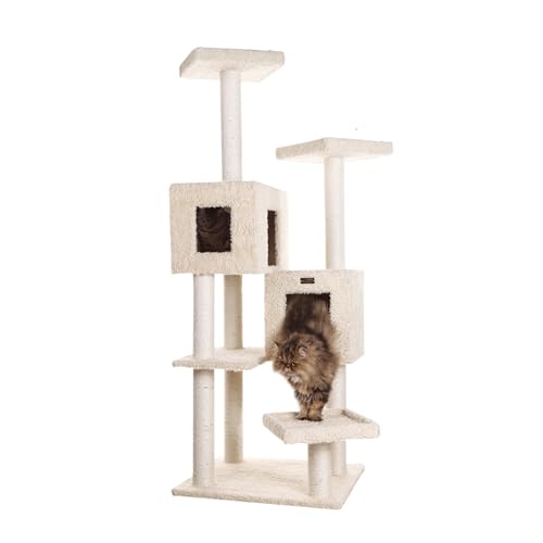 Árbol para gatos con dos casas de madera, 67" beige miniatura 1