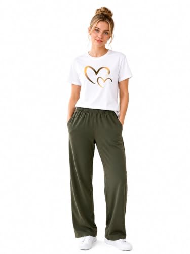 Image of ELVIA Women's Pure Cotton Top and Pyjama Co-Ord Set | Double Heart Graphic Printed Night Suit | Regular Fit Half Sleeve Round Neck T-Shirt with Pajama Sleepwear Loungewear Set