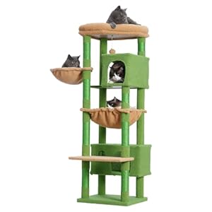 Cat Tree for Indoor Cats Large Adult, Cactus Cat Tree with Large Platforms, Cat condo, Cat Tower with 8 Cat Scratching Posts, Cat Hammock, Green and Yellow GCT030-MGY