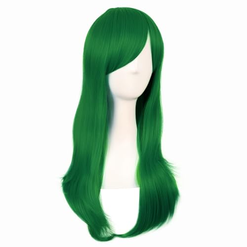 Image of MapofBeauty 24 Inch Long Side Bangs Wavy Curly Party Wig, Grass Green | 60 cm Cosplay Wig