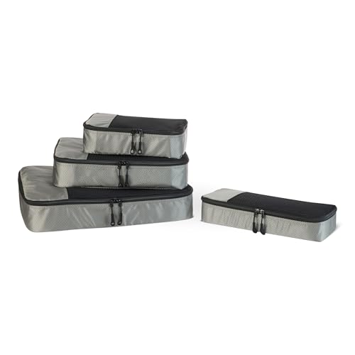 Amazon Essentials 4-teiliges Packwürfel-Reisezubehörset, Gepäckorganizer mit Doppelreißverschluss, Netzoberseite, 100% Polyester, klein/mittel/groß/schmal, grau (früher Amazon Basics)