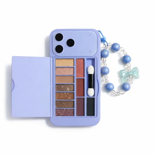 Image of 2 in 1 Faux Phone Case Makeup Palette with Mirror & Applicator | Pastel Portable Eyeshadow Kit | Compact Travel Makeup Box with Beaded Strap (Blue)