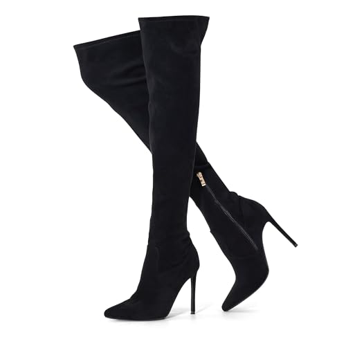 Image of GENSHUO Women's Over the Knee Boots Stiletto Pointed Toe Thigh High Heel | Stretchy Thigh High Long Boots with Side Zipper, Sexy Slim Fit Tall Heeled Boot for Club Party Evening Dress Wear