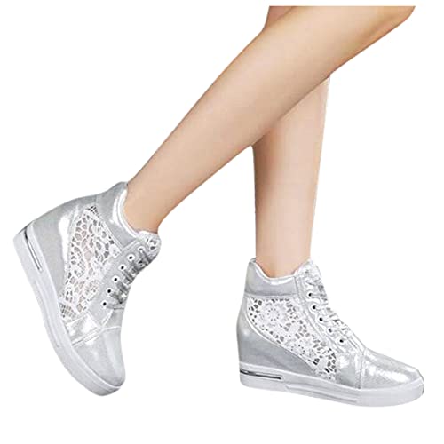 Womenyiaor Platform Hidden Heel Sneaker for Women, Women's Platform Wedge Sneakers Dressy Lace Up Shoes High Heeld High Top Sneakers Fashion Hidden Wedge Tennis Shoes Casual Canvas Shoes