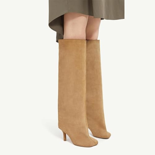 UBWDU Women's Suede Knee High Boots Square Toe Stiletto Heels Wide Calf Tall Boots3