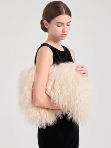 Image of Women Luxury Real Lamb /Mongolian Flush Wool Fur With Genuine Leather Handles Handbag