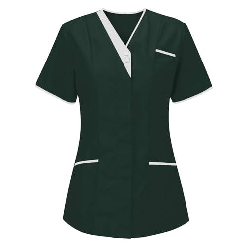 Blusa tipo túnica para mujer, para belleza, peluquería, masajista, spa, salud, trabajo, uniforme de uñas, con bolsillos, cuello en V, ropa protectora, camiseta de manga corta para verano, verde, S
