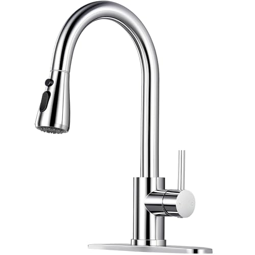 Image of Kitchen Faucet with Pull Down Sprayer - Polished Chrome Single Handle Kitchen Faucets, High Arc Stainless Steel Pull Out Kitchen Sink Faucet with Deck for RV Laundry Farmhouse Bar