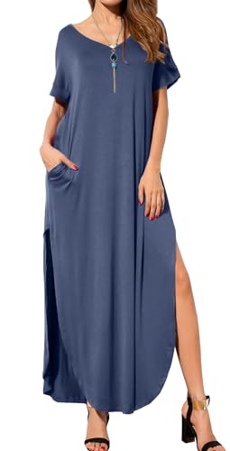 Image of GRECERELLE Women's Summer Maxi Dress Casual Loose V Neck Short Sleeve Side Split Long Dresses with Functional Pockets
