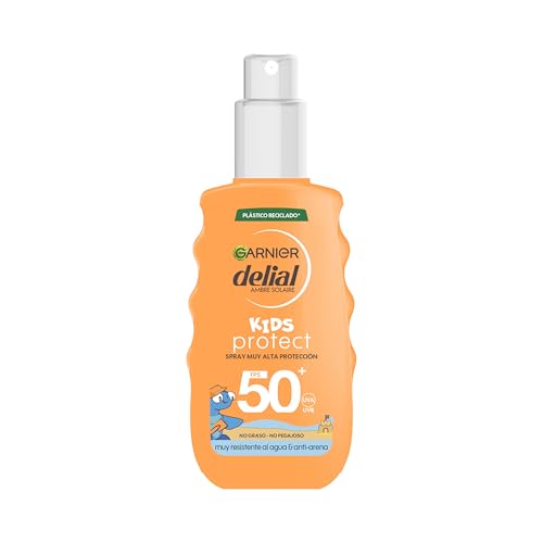 Garnier, Delial Kids Protect Spray Solar Alta Protección FPS50+ para Niños, Protección UVA UVB, Resistente al Agua y Arena, Fórmula No Grasa Ni Pegajosa para el Cuerpo, Frasco 100% Reciclable 150ml