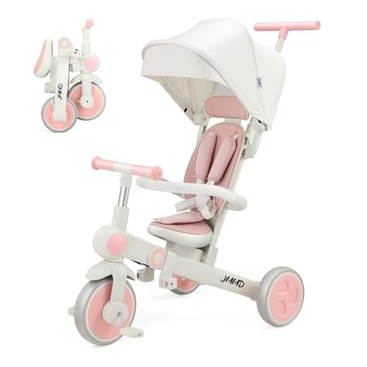 JMMD Baby Tricycle, 7-in-1 Foldable Kids Trike with Adjustable Parent Handle, Safety Harness & Wheel Brakes, Removable Canopy, Stroll Trike for Boys & Girls Ages 18 Months-5 Years, Pink