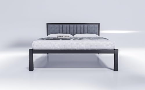 Image of Craft Modern Upholstered Queen Size Bed for Bedroom | Metal Double Bed | Platform Cot Bed with Upholstery Premium Fabric | 6.5 x 5 Ft | Grey, Assembly-DIY