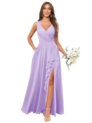 Image of HANVAIOS Long Chiffon V Neck Bridesmaid Dresses for Women Formal Dress with Pocket