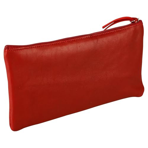 Clairefontaine 410068C - Trousse Scolaire Plate en Cuir Rouge 22x11 cm en Véritable Cuir d'Agneau - Fourniture Scolaire - Trousse Crayons de Couleurs - Etui...