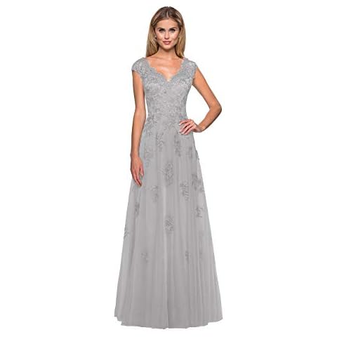Clothfun Cap Sleeve Mother of The Bride Dresses Evening Gowns for Women Long Fomal Dresses with Pockets - Silver - 26W Cover