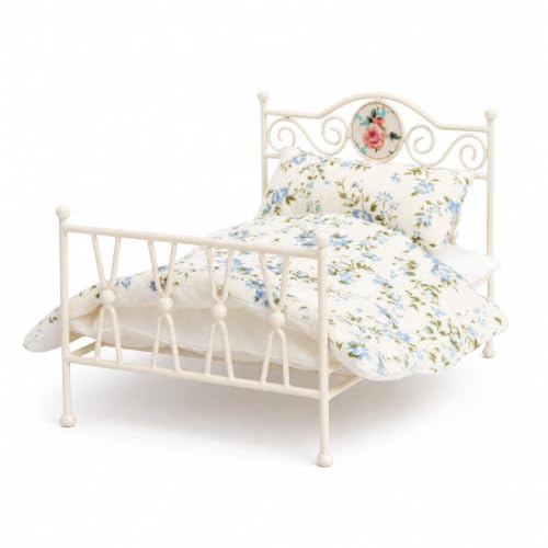 Almencla Miniature Doll Bed Wroughtmetal Classic Scroll Design Decorative Headboard Small Ball Finials Cozy Bedding Set Suitable, White, Vintage Iron Bed with White Base Blue Floral Bedding