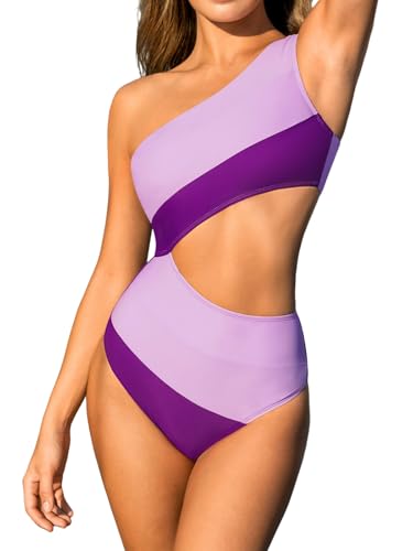 Image of CUPSHE Women One Piece Swimsuit One Shoulder Bathing Suit Cutout Monokini | Removable Soft Cups, Color Block, Classic Bum Coverage, Swim Suit For Beach Vacation Cruise Pool Party