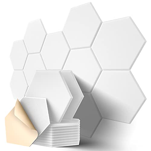 Dailycooper 12 Pack Self-adhesive Acoustic Panels 12" X 10" X 0.4" - Sound Proof Foam Panels with High Density, Stylish Hexagonal Design, Flame Resistant, Absorb Noise and Eliminate Echoes(White)