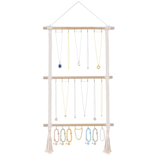 Hutuzldz Hanging Jewelry Organizer, Macrame Necklace Holder with 30 Hooks, Wall Mounted Necklace Rack with Tassel for Girls Bracelet Earrings Headband Bow Display (Macrame)