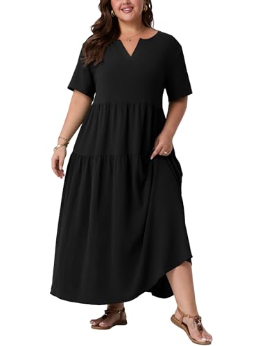 OLRIK Plus Size Summer Dress Loose Short Sleeve V Neck Lightweight Maxi Dress with Pockets Casual...