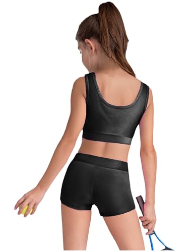 Girls Gymnastics Dance 2 Piece Shiny Metallic Set Crop Tank Top And Booty Shorts for Tennis Sports Black 10 Years3