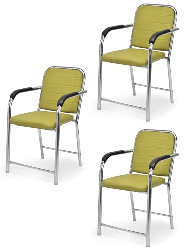 Image of Office Chair Visitor Chair with arm Rest with Steel Frame and Cushioned seat Back, Chair Without Wheels Holds up to 140 kg Heavy Design (3, Green, Heavy)