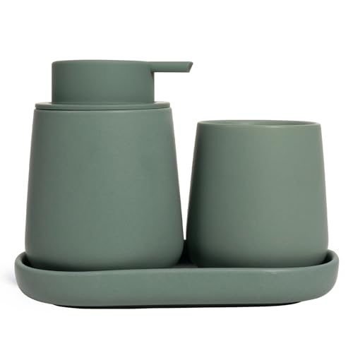 INGOFIN - Juego de 3 accesorios de baño de cerámica, dispensador de jabón líquido, soporte y bandeja para cepillos de dientes, juego de encimera de baño, esenciales para el...
