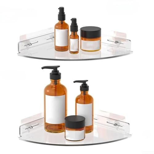 FACULX Paquete de 2 estantes esquineros de acrílico transparente para almacenamiento de baño y cocina, no requiere herramientas para superficies lisas como azulejos y vidrio, soporta hasta 20 libras