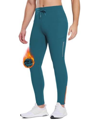 BALEAF Mallas térmicas para correr para hombre, con bolsillos con cremallera, forro polar, para ciclismo, gimnasio, senderismo, esquí, azul, M