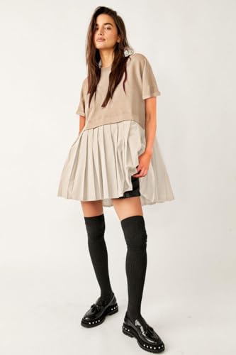 Image of SAUKOLE Womens Summer Crew Neck Short Sleeve Dress Patchwork Pleated A Line Beach Mini Dress