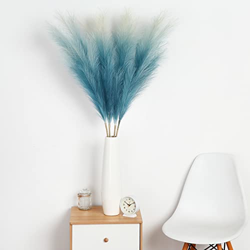 GAOMON 4 PCs Faux Pampas Grass Decor, 44 Inch Large Tall Fluffy Artificial Fake Flower Boho Decor, Bulrush Reed Grass for Vase Filler, Farmhouse Home Wedding Decor (Blue)