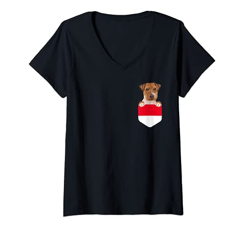 Womens Indonesia Flag Russell Terrier Dog In Pocket V-Neck T-Shirt, Black