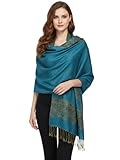 Paskmlna Border Pattern Double Layered Reversible Woven Pashmina Shawl Scarf Wrap Stole, 003#11turquoise, Large