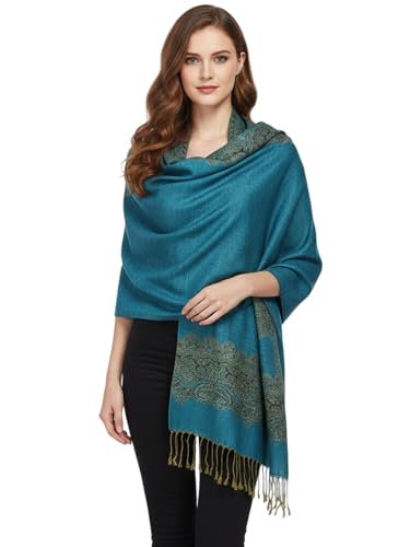 Paskmlna Border Pattern Double Layered Reversible Woven Pashmina Shawl Scarf Wrap Stole, 003#11turquoise, Large
