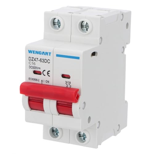 Wengart Disyuntor de CC 16A 2P (Máx. 500V), Interruptor Automático Magnetotérmico para Paneles Solares, Baterías y Autocaravanas, Protección Contra Sobrecargas y Cortocircuitos, Serie DZ47-63Z