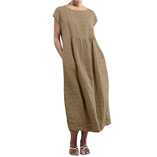 pitashe Women?s Maxi Dress Solid Sleeveless O-Neck Cotton Linen Long Dresses wih Pockets Summer Loose Baggy Kaftan Long Casual Dress Brown