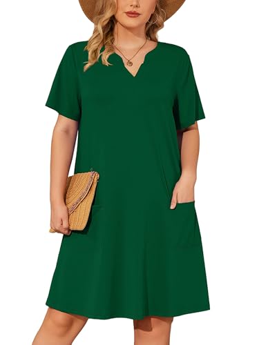 Image of AusLook Plus Size Midi Dress for Women V Neck Short Sleeve Summer Casual Loose Fit Vacation Sundress with Pockets 1X-5X