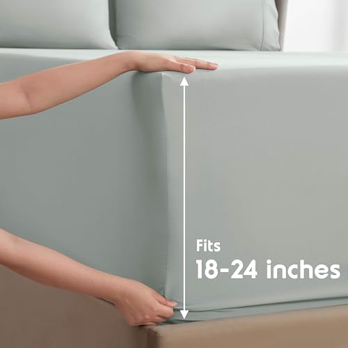 Image of Nestl Extra Deep Split King Sheet Set - 7 Piece Breathable & Cooling Sheets - Hotel Luxury Bedding Set w /18-24 Inch Deep Pockets - Easy & Secure Fit - Super Soft, Wrinkle Free & Comfy - Sage Green
