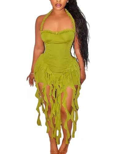 Image of Women's Sexy Fringe Ruffle Halter Neck Off Shoulder Bodycon Blackless Ruched Tassel Hem Mini Flowy Dress