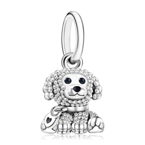 Annmors Poodle Puppy Dog Charm, Black Enamel Dangle Pendant Charm 925 Sterling Silver for Woman Beads Gifts for Women Bracelet&Necklace