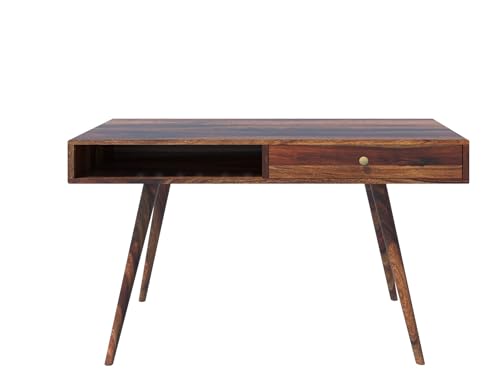 Image of DEMIWALL Wooden Writing Study Desk Table for Home & Office | Laptop Computer Table with One Drawers & One Open Shelf Storage for Adults & Students | Sheesham Wood, Brown Finish